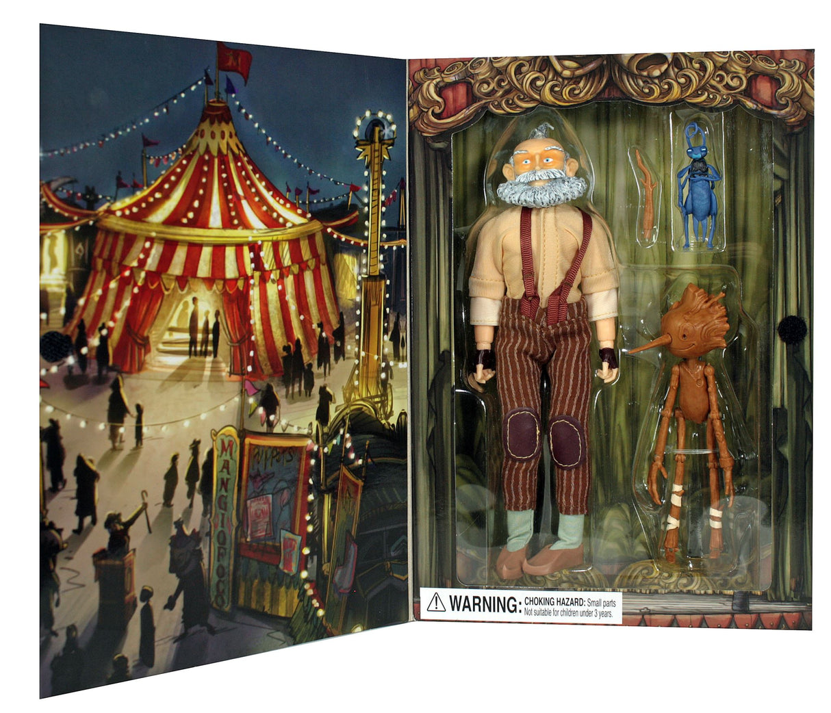 Collectible MEGO figurines of Geppetto, Pinocchio, and Cricket, featuring detailed designs and articulated poses.