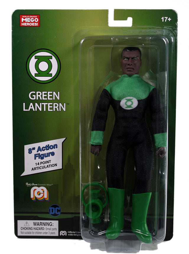 8-inch Green Lantern (John Stewart) figurine, retro design with 14 points of articulation and comic-accurate details.