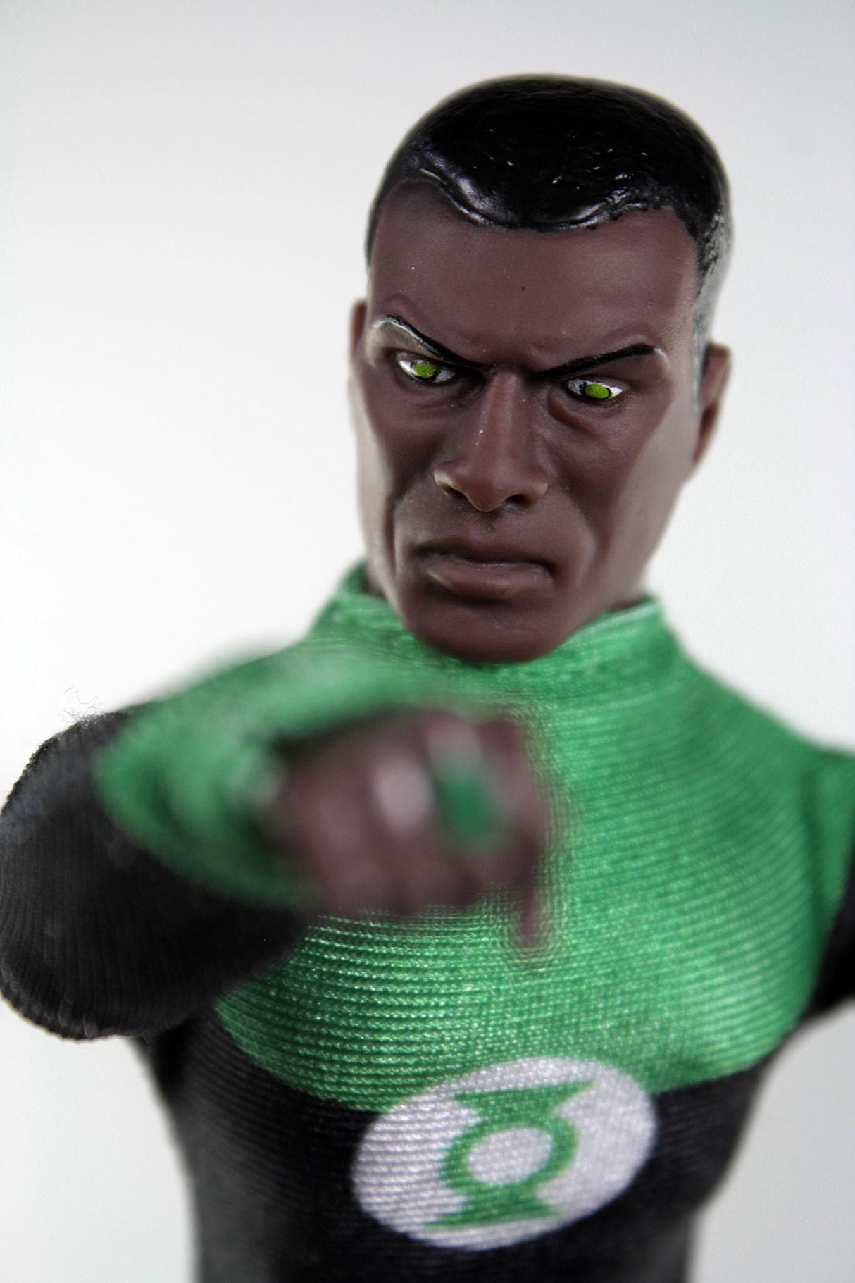 8" Green Lantern collectible figurine of John Stewart, featuring 14 points of articulation and retro comic-accurate design.