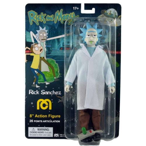 Collectible MEGO Rick Sanchez figurine, 8 inches tall, with detailed clothing from Rick and Morty series for fans and collectors.