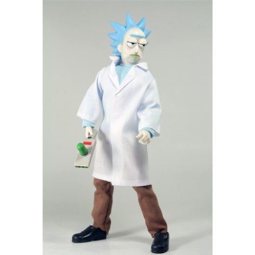 8-inch collectible Mego figurine of Rick Sanchez from Rick and Morty, featuring detailed clothing and sculpting.