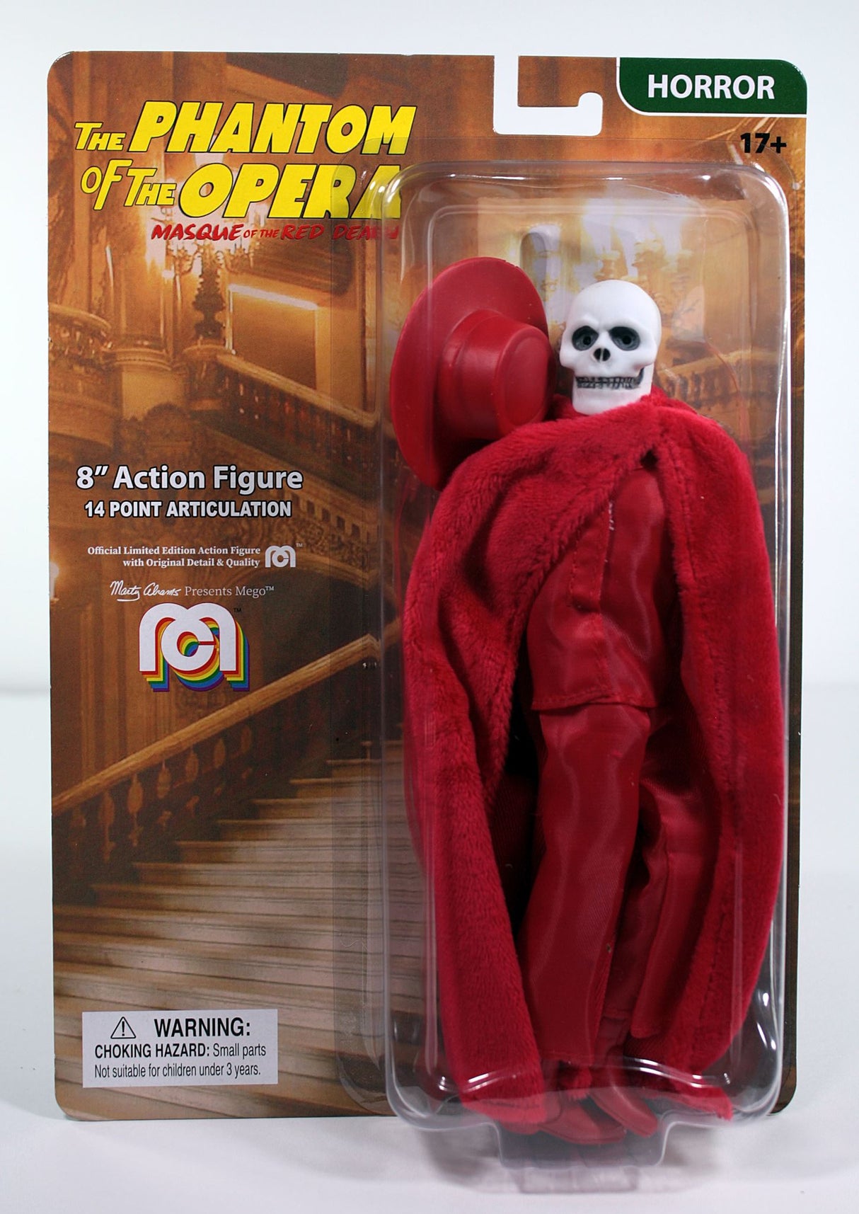 8-inch MEGO Phantom - Red Death figurine with 14 poseable points, featuring vintage costume and collectible packaging.