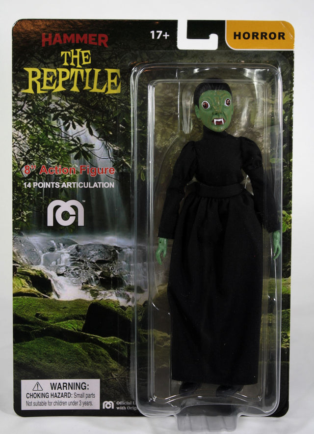 8-inch MEGO Hammer Reptile action figure in blister card, featuring 14 points of articulation and detailed horror styling.