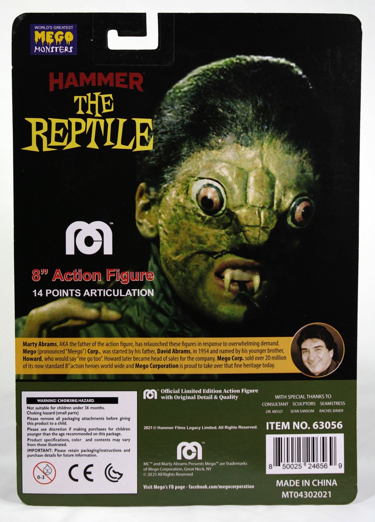 8-inch MEGO Hammer Reptile figurine in blister pack, features 14 points of articulation and detailed vintage design.