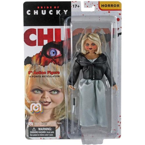 Officially licensed 8-inch MEGO Bride of Chucky figurine with 26 articulation points and detailed fabric outfit for collectors.