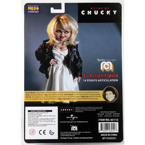 8-inch MEGO Bride of Chucky figurine with 26 articulation points and detailed fabric outfit, perfect for collectors and horror fans.