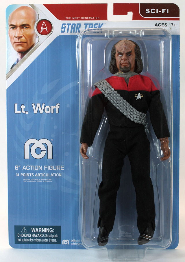 8-inch MEGO Star Trek Worf figurine showcasing detailed Starfleet uniform and articulated design for collectors and fans.