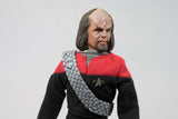 8-inch collectible MEGO figurine of Lt. Worf in Starfleet uniform with 14 articulation points, perfect for fans and collectors.