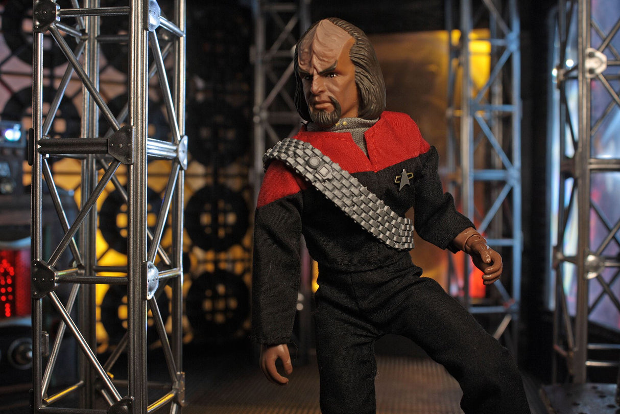 8-inch MEGO collectible figurine of Lt. Worf in Starfleet uniform, featuring 14 points of articulation for display or play.