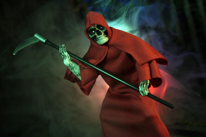 8-inch collectible Grim Reaper figurine with 14 points of articulation, dressed in dark attire, holding a scythe.