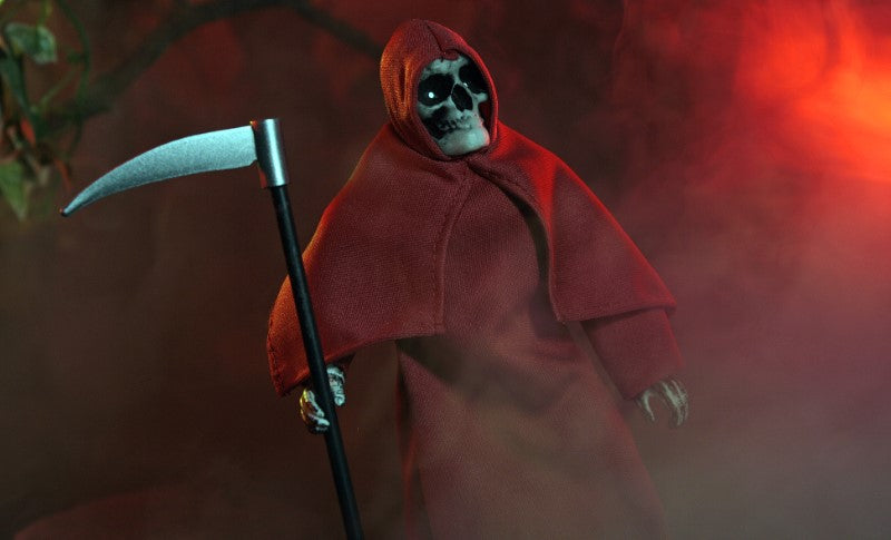 8-inch MEGO Grim Reaper figurine with scythe, 14 points of articulation, perfect for horror fans and collectors.