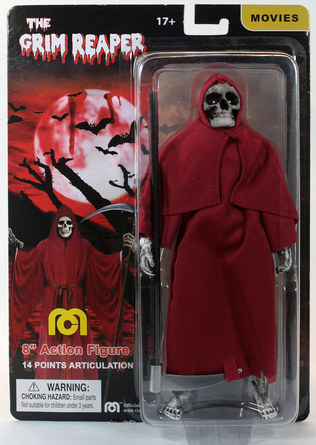 8-inch MEGO Grim Reaper figurine with 14 points of articulation, scythe, and classic horror design for collectors.