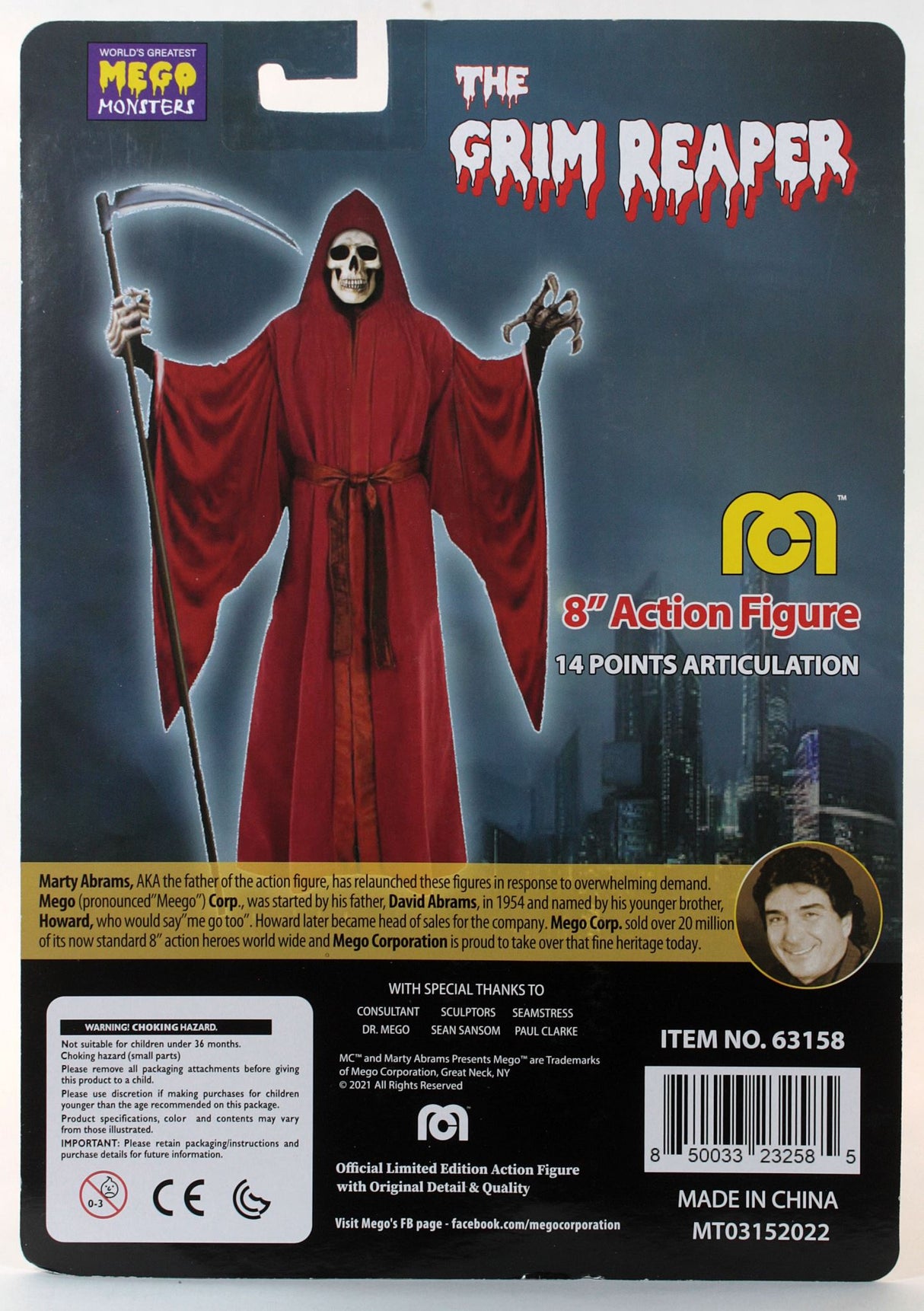 Mego 8" Grim Reaper figurine with 14 points of articulation, scythe, and classic horror design for collectors.