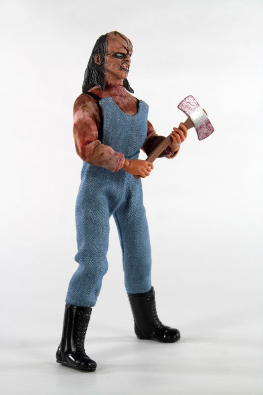 Collectible MEGO 8" Hatchet figurine of Victor Crowley, featuring detailed attire and 26 points of articulation for dynamic poses.