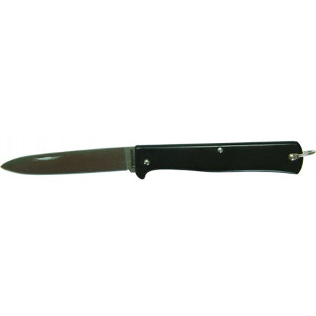 Compact Mercator Junior pocket knife with 80mm carbon steel blade and 90mm black coated handle, handcrafted in Germany.