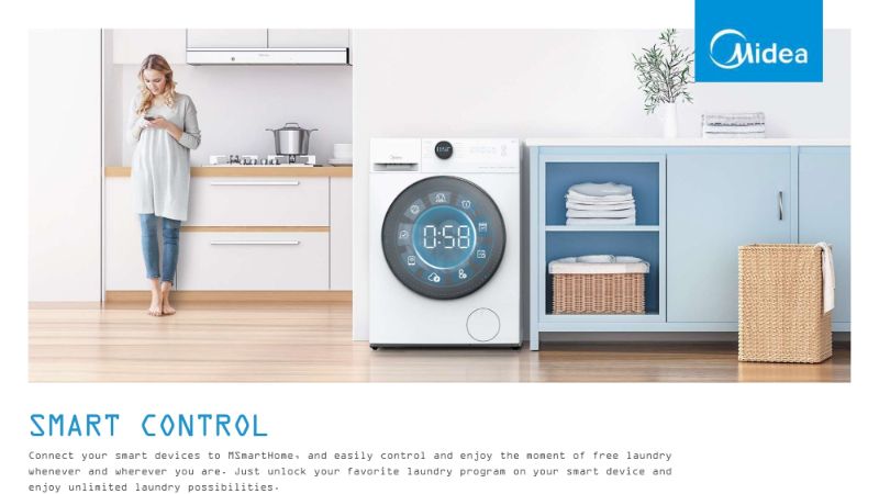 Front load Midea washing machine in titanium, featuring 9.0kg capacity, Wi-Fi, steam wash, and 14 versatile programs.