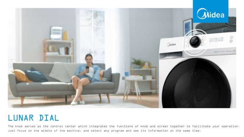 Midea 9.0KG Titanium Front Load Washer with Wi-Fi, steam wash, 14 programs, energy-efficient, ideal for large families.