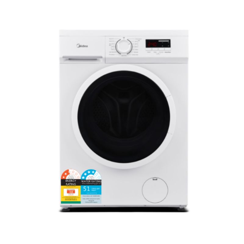 Midea Front Loader Washing Machine MFE50-JU1012/C31E-AU (5kg) with 15 wash programs, 1000 RPM spin, and large LED display.