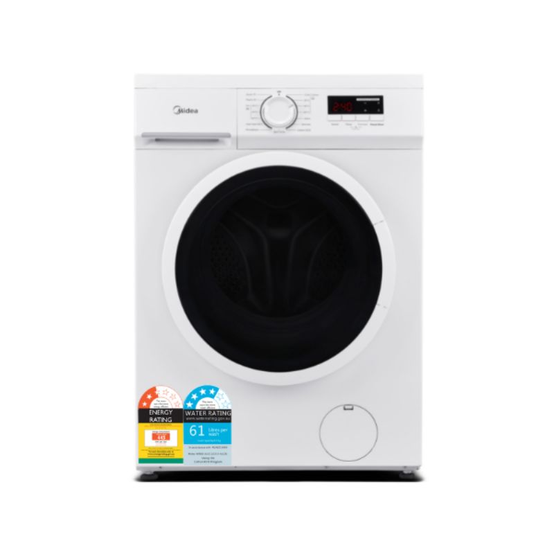 Midea Front Loader washing machine, 6KG capacity, 1200 RPM, 15 wash programs, LED display, and child lock feature.