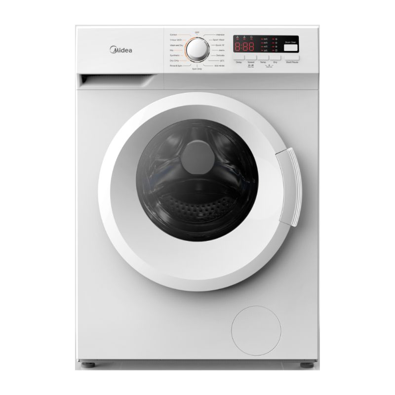 MIDEA Front Loader Combo Washer/Dryer 7Kg, compact design with 15 programs, LED display, anti-wrinkle, and child safety lock.