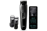 6-in-1 grooming kit by Braun featuring sharp blades for precise beard, hair, and body trimming with 50 minutes of cordless power.