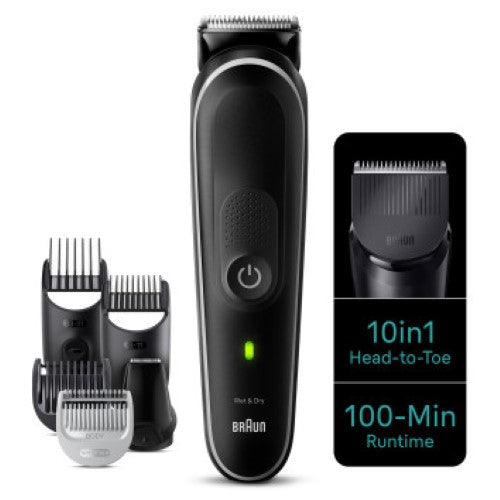 Braun MGK5440 10-in-1 Style Kit for comprehensive grooming, featuring sharp blades, adjustable combs, and waterproof design.