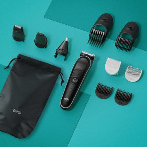 Braun MGK5440 10-in-1 Style Kit for versatile grooming of beard, hair, and body with ultra-sharp blades and waterproof design.