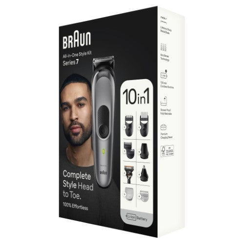 Braun MGK7420 10-in-1 Style Kit: versatile grooming with metal blades, waterproof design, and 100-min cordless runtime.