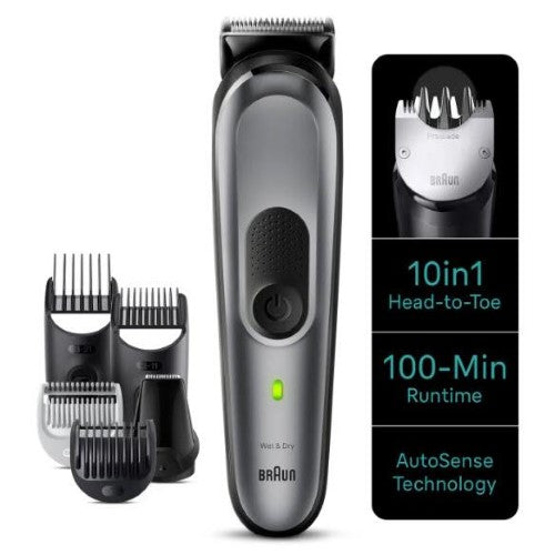 Braun MGK7420 10-in-1 Style Kit for versatile grooming: metal blade, 100-min runtime, waterproof design, and accessories.