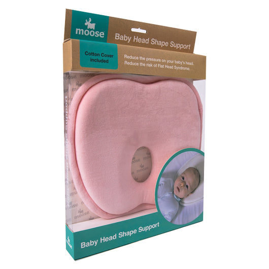 Pink Moose Baby Head Shape Support made from memory foam, cradling infants' heads to prevent flat head syndrome.