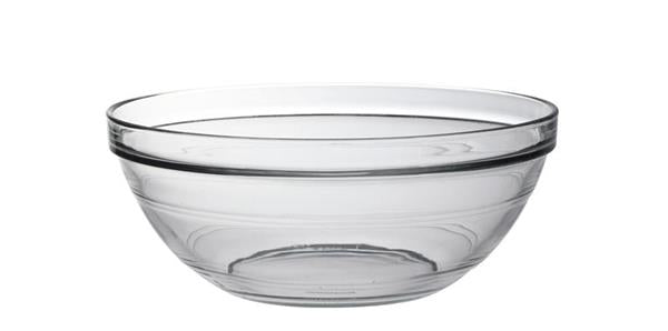 Clear 23cm Duralex glass bowl, durable, chip-resistant, microwave and dishwasher safe, ideal for serving and cooking.