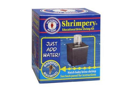 San Francisco Bay Brine Shrimp Shrimpery Kit with container, vial, and hatch mix for breeding nutritious live fish food.