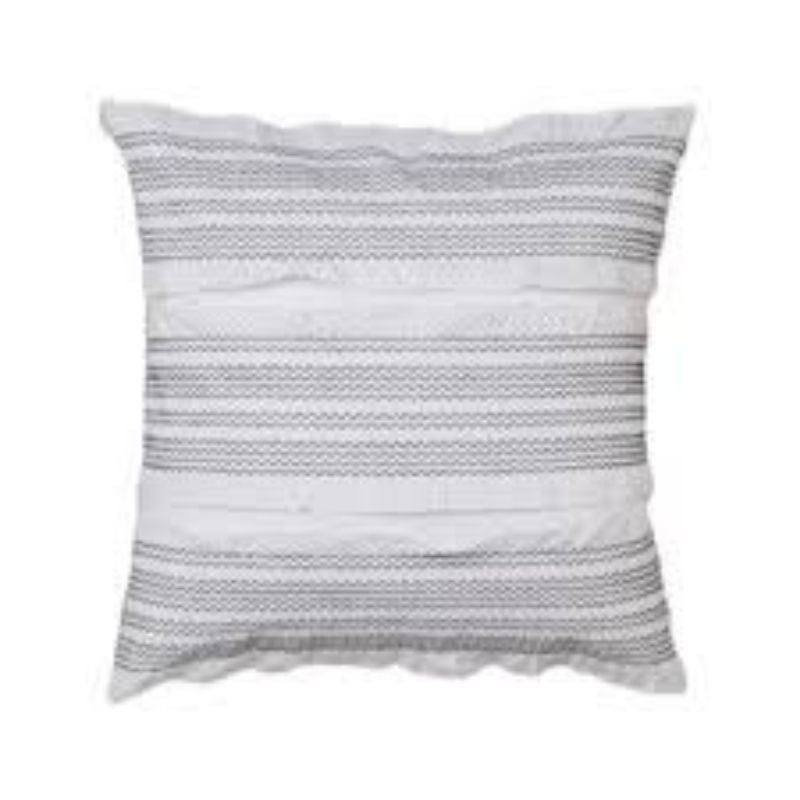 Elegant Mia White European Pillowcase with black zig-zag stitching and ruffles, ideal for stylish bedroom decor.