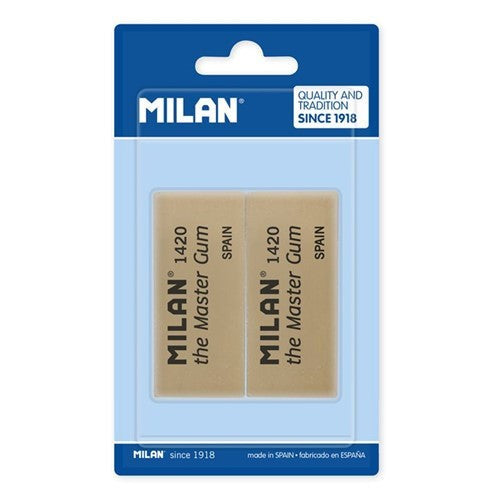 Milan Eraser 1420 Master Gum, pack of 2, high-quality synthetic rubber erasers for precise and clean art erasing.