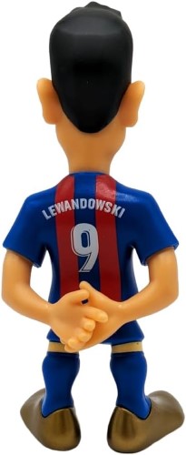 Collectible MINIX figurine of Robert Lewandowski, 12 cm tall, showcasing his iconic FC Barcelona likeness in a display box.