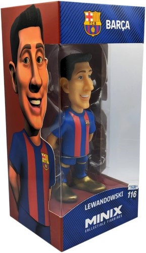 Collectible 12 cm figurine of Robert Lewandowski, showcasing FC Barcelona's striker in a detailed display box.