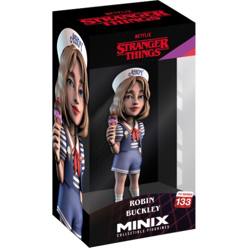 MINIX collectible figurine of Robin Buckley in Scoops Ahoy uniform, featuring ice cream and vibrant details from Stranger Things.