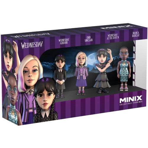 Collectible MINIX figurines set featuring Wednesday, Enid, Bianca, and Wednesday in Rave'N dress from the Netflix show.