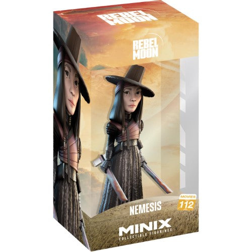 Collectible MINIX NEMESIS figurine, depicting a fierce warrior with flaming swords, inspired by actor Doona Bae.