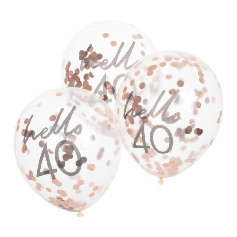 Rose gold confetti-filled balloons featuring "Hello 40," perfect for glamorous birthday celebrations and decor.