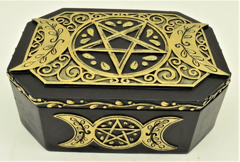 Decorative Golden Pentagram Box for storing crystals, jewelry, and notes, featuring sacred geometry design.