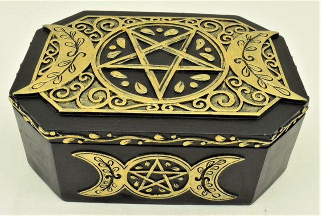 Decorative Golden Pentagram Box for storing crystals, jewelry, and notes, featuring sacred geometry design.