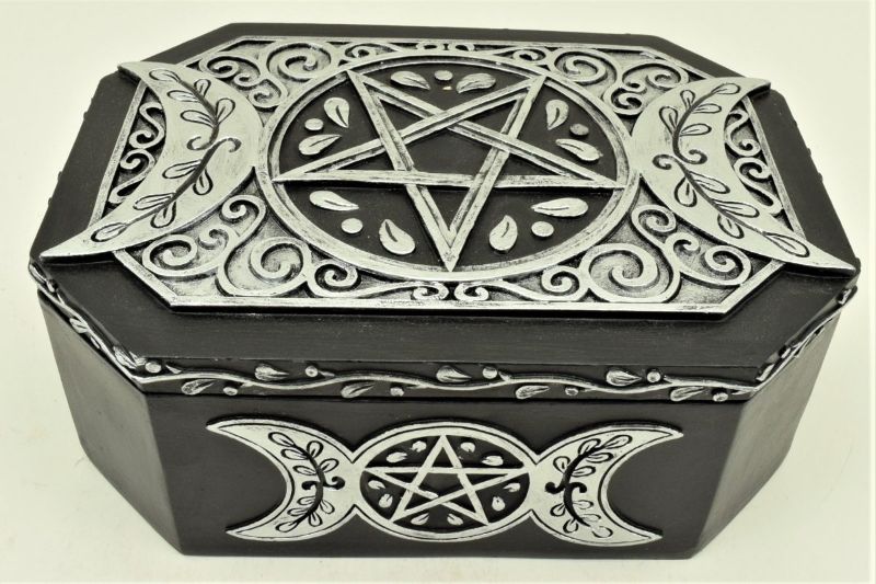Silver pentagram box for storing crystals or jewelry, enhancing gothic or esoteric decor with a sleek finish.