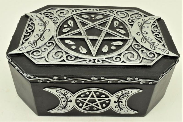 Silver pentagram box for storing crystals or jewelry, enhancing gothic or esoteric decor with a sleek finish.