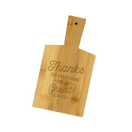 Bamboo serving board engraved "Thanks For Everything," perfect for serving appetizers at any occasion.