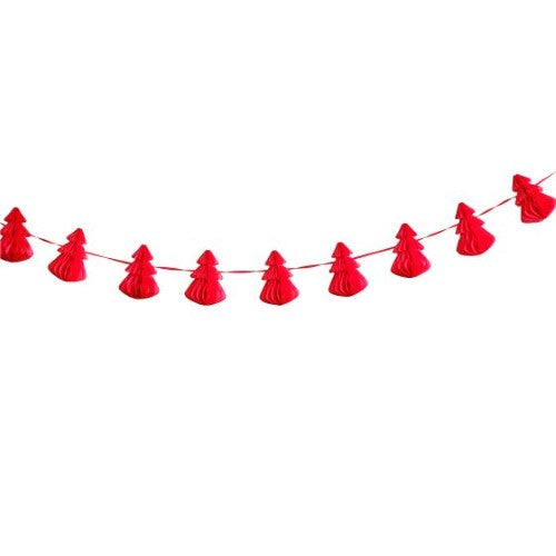 Merry Little Christmas red honeycomb tree garland with 10 vibrant trees, perfect for festive holiday decor.