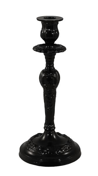 Tall black metal candle holder with floral motifs, 21cm high and 11cm wide, perfect for elegant home decor.