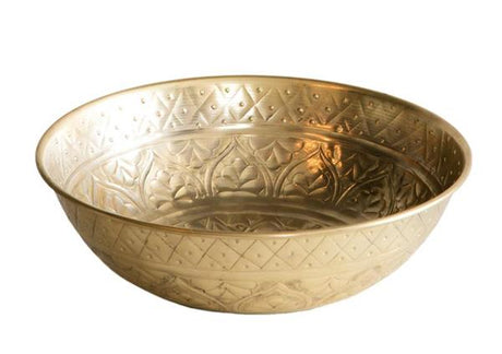 Round antique gold display bowl with intricate patterns, perfect for showcasing decor or storing trinkets, 32 x 10 CM.