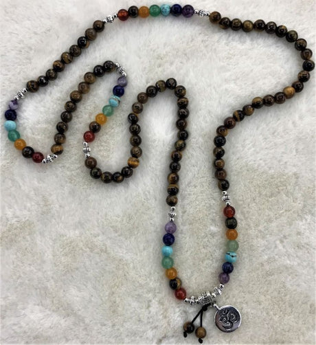 Elegant 70cm Chakra Mala Necklace featuring authentic Tiger Eye stones, enhancing spirituality and promoting inner peace.