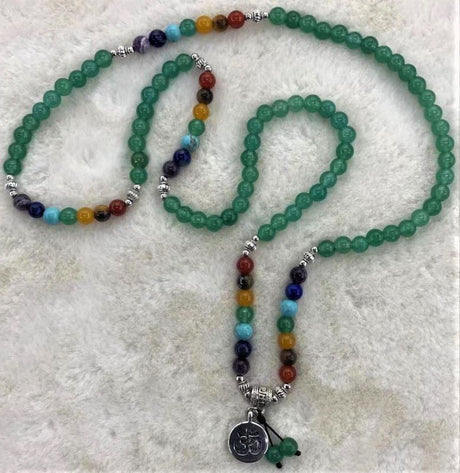 Chakra Mala Necklace featuring polished 70cm aventurine beads, promoting prosperity and optimism for meditation or daily wear.